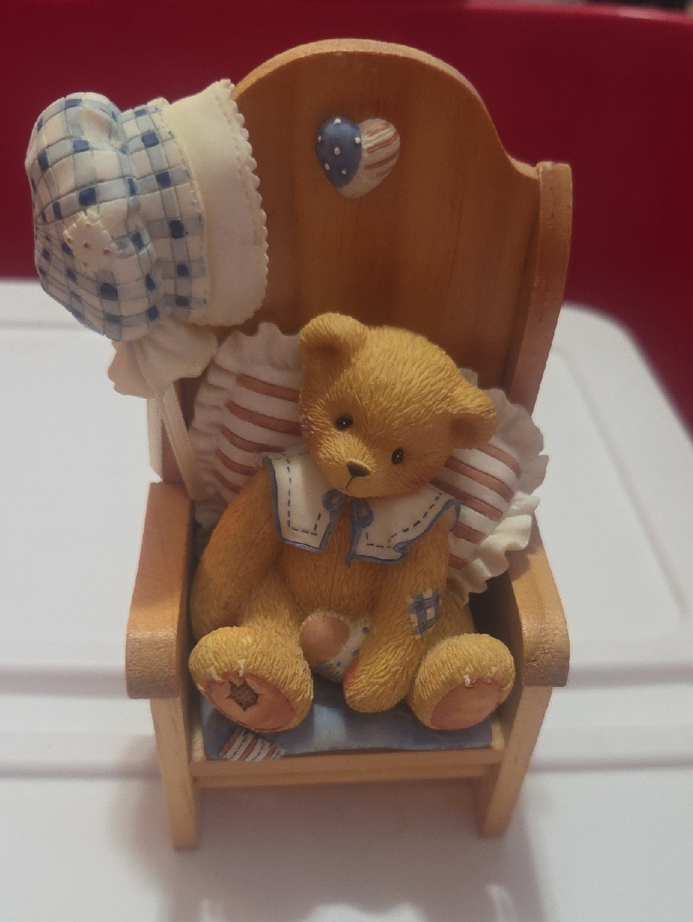 Handmade Yellow Bear Figurine in Wooden Chair - Decorative Home Accent